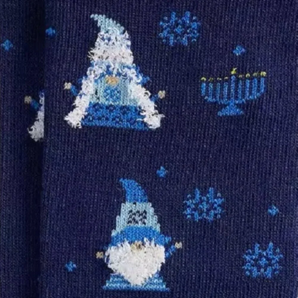 3 pairs of Women's Navy Blue Crew Socks featuring Hannukah Gnomes + Menorahs